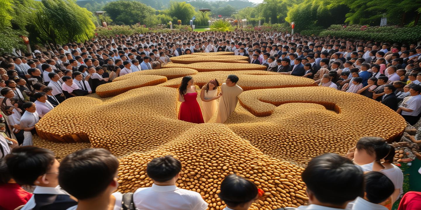“花生婚俗”集体婚礼走红网络,新人用万粒花生拼出“囍”字,传统与现代完美融合